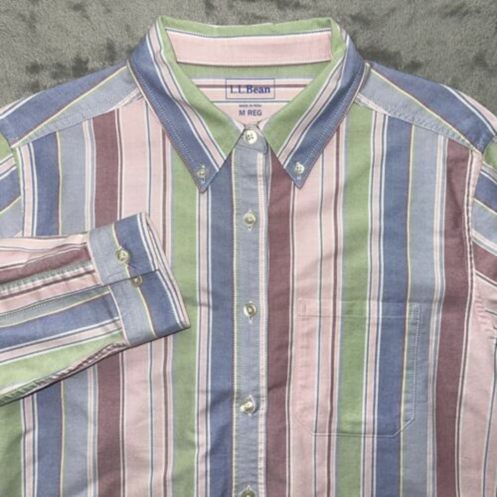 LL Bean Mens Med Reg Pastel Multicolor Stripe‎ Long Sleeve Button Shirt EUC